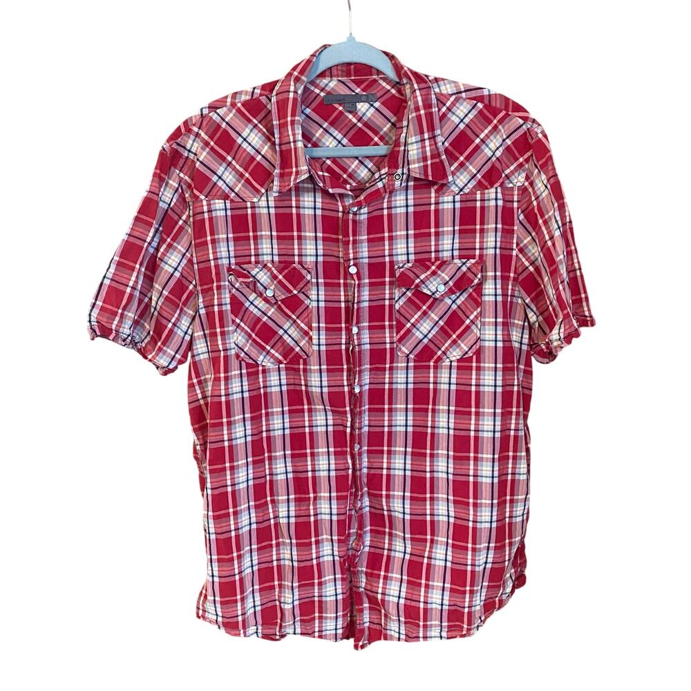Old Navy Men’s XL Red Plaid Western Snap Shirt Short Sleeve work wear